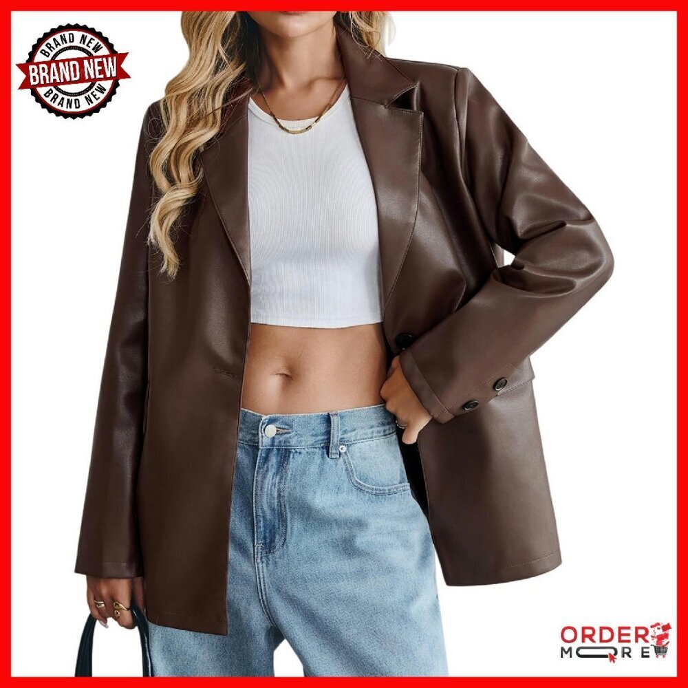 Oversized Faux Leather Blazer Bomber Jacket Button Down Lapel Coat